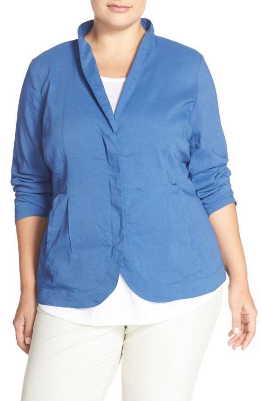 Eileen Fisher Dark Bluebell Organic Linen Viscose Stretch Full zip Blazer Jacket